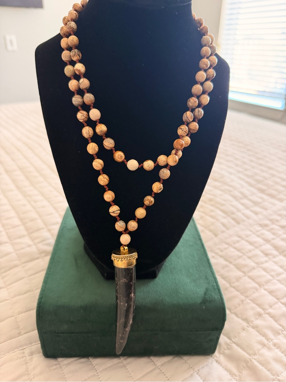 Natural Brown Stone Bead Necklace with Horn Pendant
